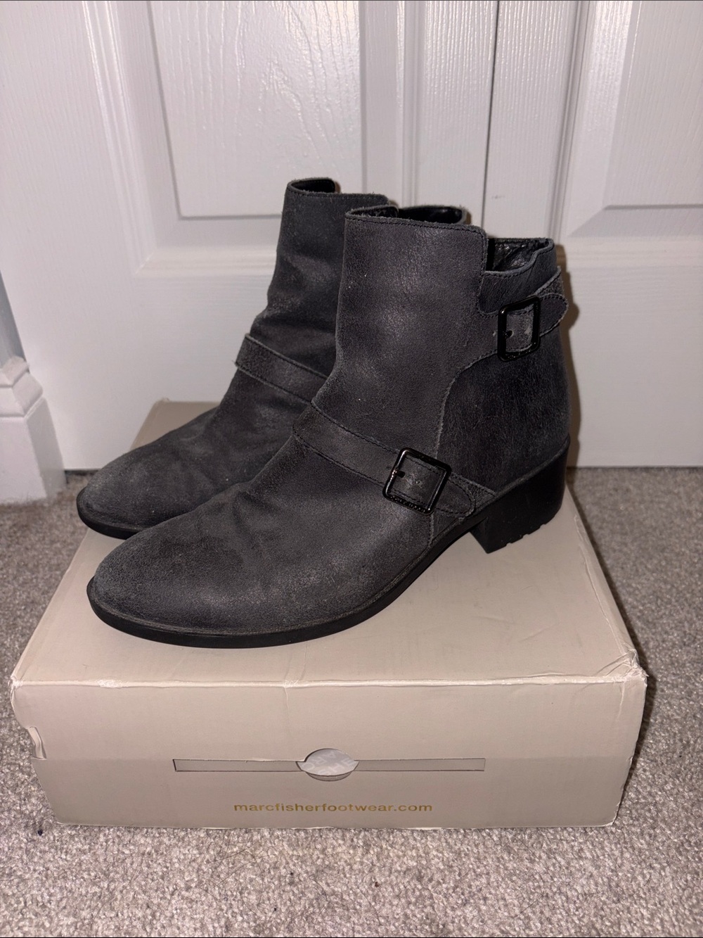 Cole Haan Gray Suede Ankle Booties with Buckle Accent